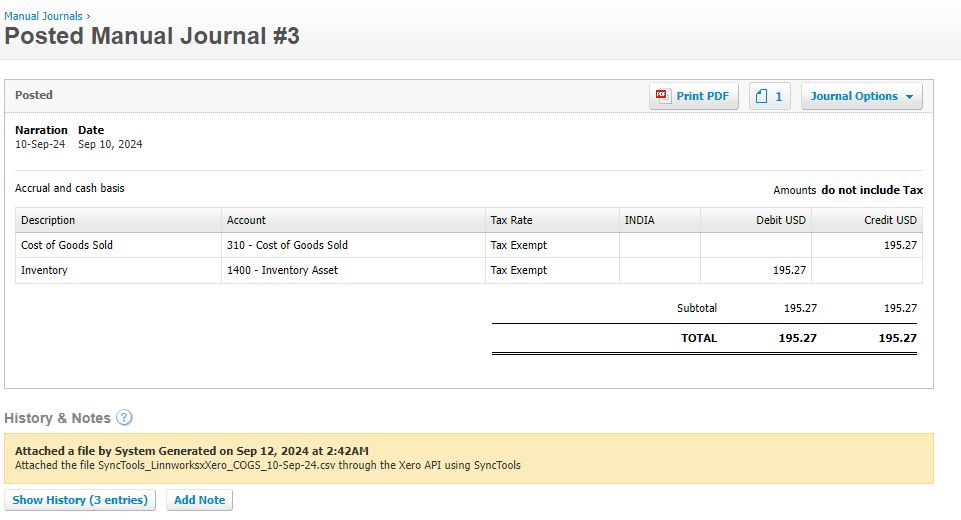 Posted manual journal in Xero: